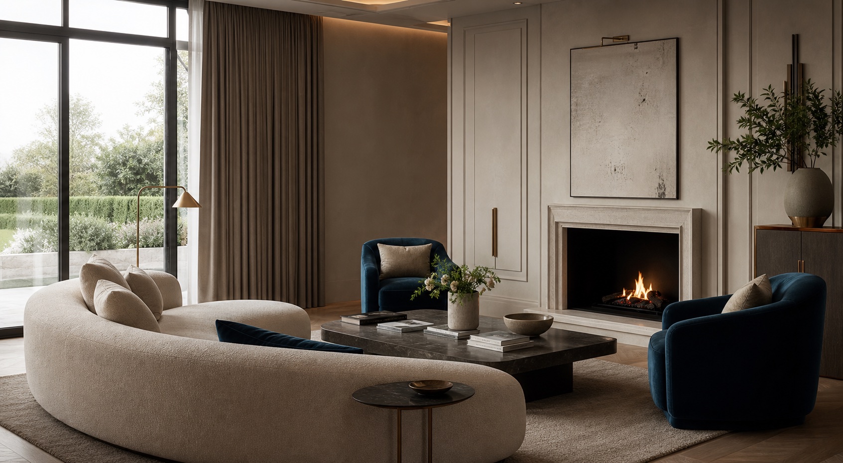 luxury living room concept with curved seating, architectural wall panelling and peacock-blue accents